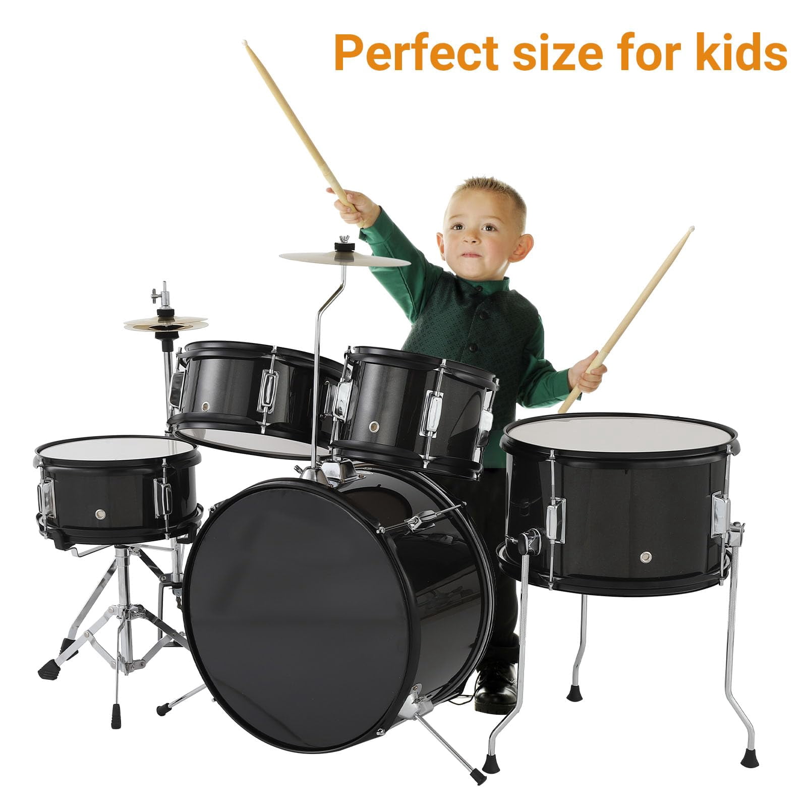 5-Piece Junior Drum Set, A Complete Kit for Kids with Stool, Sticks & Pedal, Beginner Set, Perfect Musical Gift for Boys & Girls, Black
