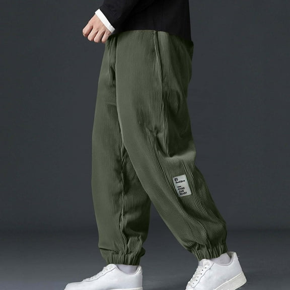 Mens Baggy Corduroy-Pants with Pockets and Drawstring Elastic Waist Sweatpants Casual Tapered Leg Solid Loose Athletic Workout Trousers