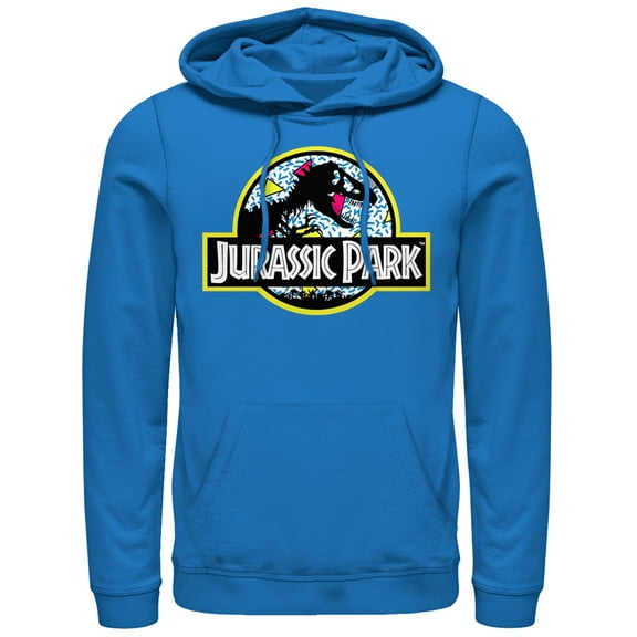 Men's Jurassic Park Retro Party Logo Pull Over Hoodie Royal Blue 2X Large