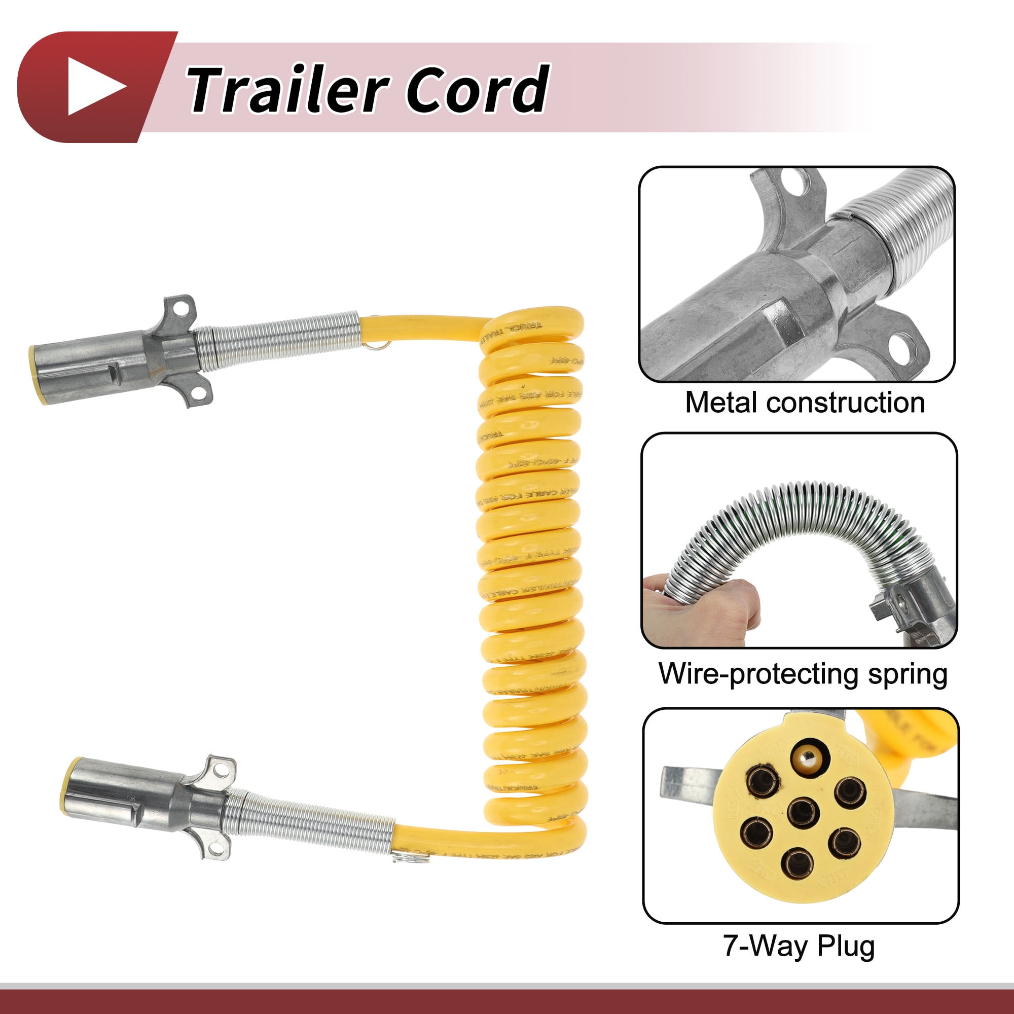 Unique Bargains 7-Way Coiled Trailer Cord 12 ft Yellow Zinc Alloy