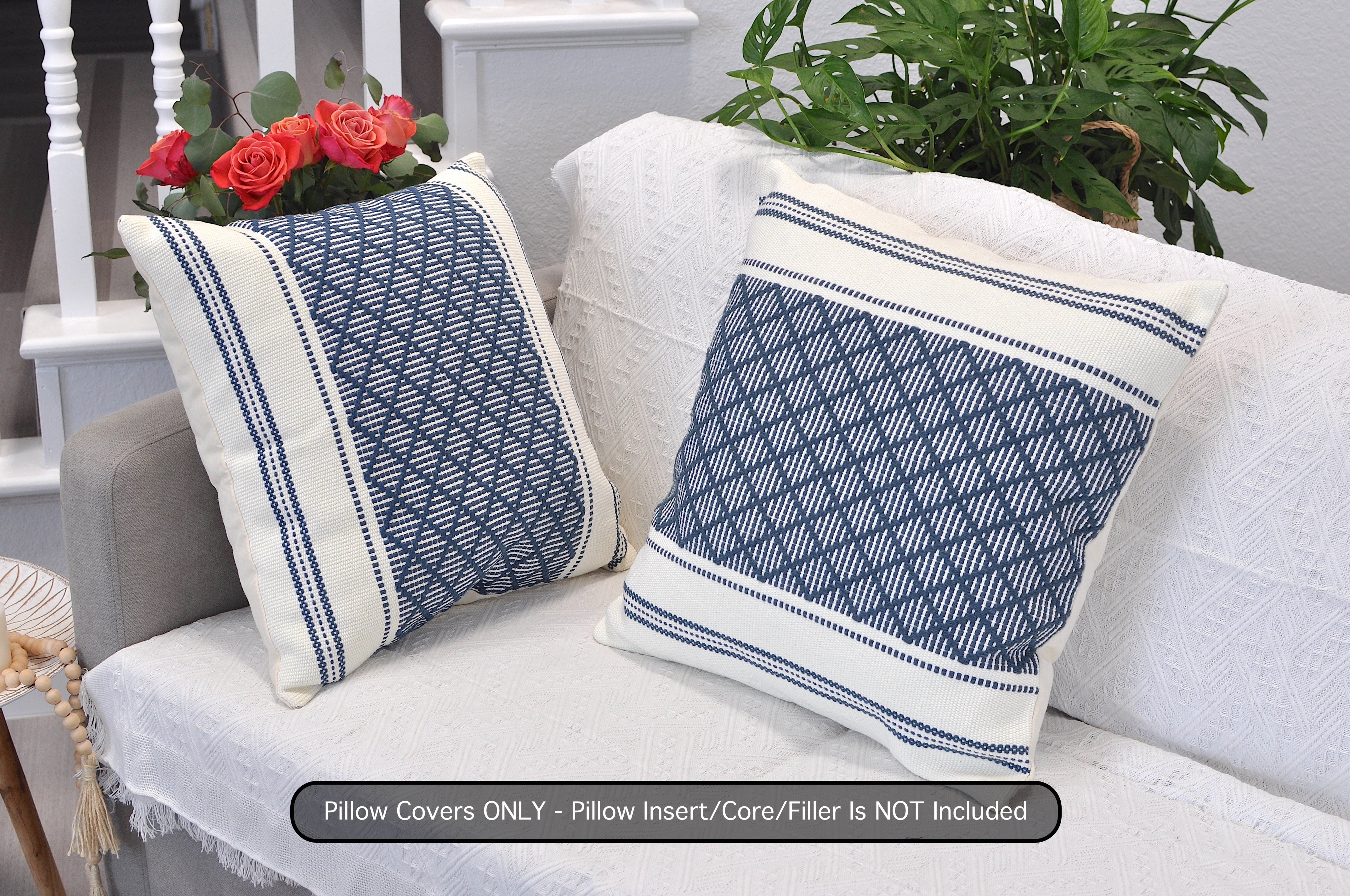 Cotton Woven Designer Throw Pillow Covers, Navy Blue and Cream White, 18 x 18 inches | Square Cushion Covers with Geometric Design Set of 2