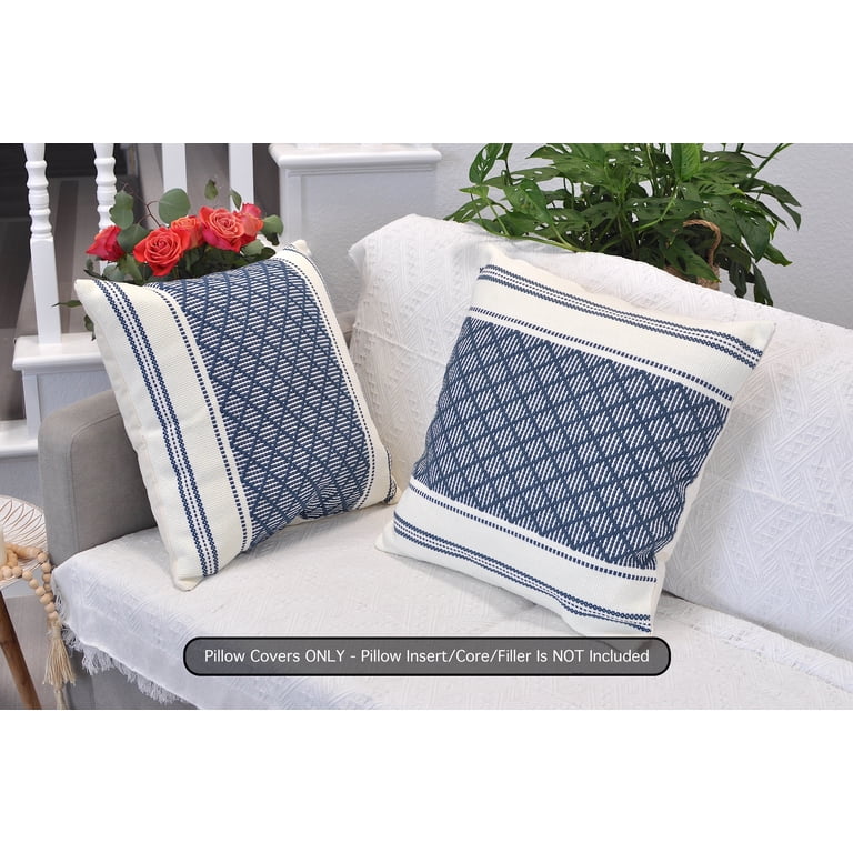 Cotton Woven Designer Throw Pillow Covers, Navy Blue and Cream