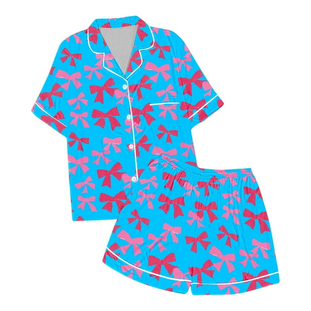Hiiyo Pyjama Grande Fille avec Nœud Imprimé, Chemise à Manches Courtes et Shorts, Tailles 2-13