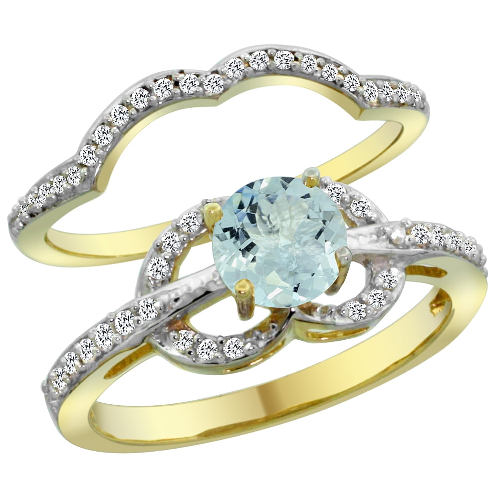 14K Yellow Gold Natural Aquamarine 2-piece Engagement Ring Set Round 6mm, size 5.5 by Gabriella Gold