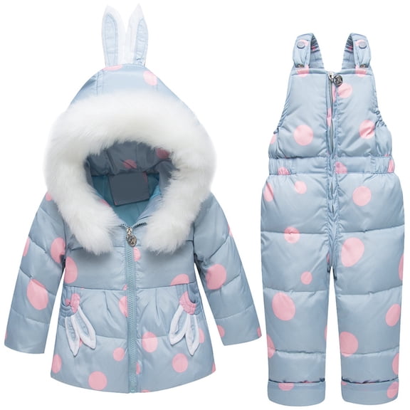 CPNG Baby 2-Piece Warm Snowsuit Toddler Winter Bunny Ear Polka Dots Paw Puffer Down Hooded Puffer Jacket and Snow Bib Pants Kids Fashion Ski suits
