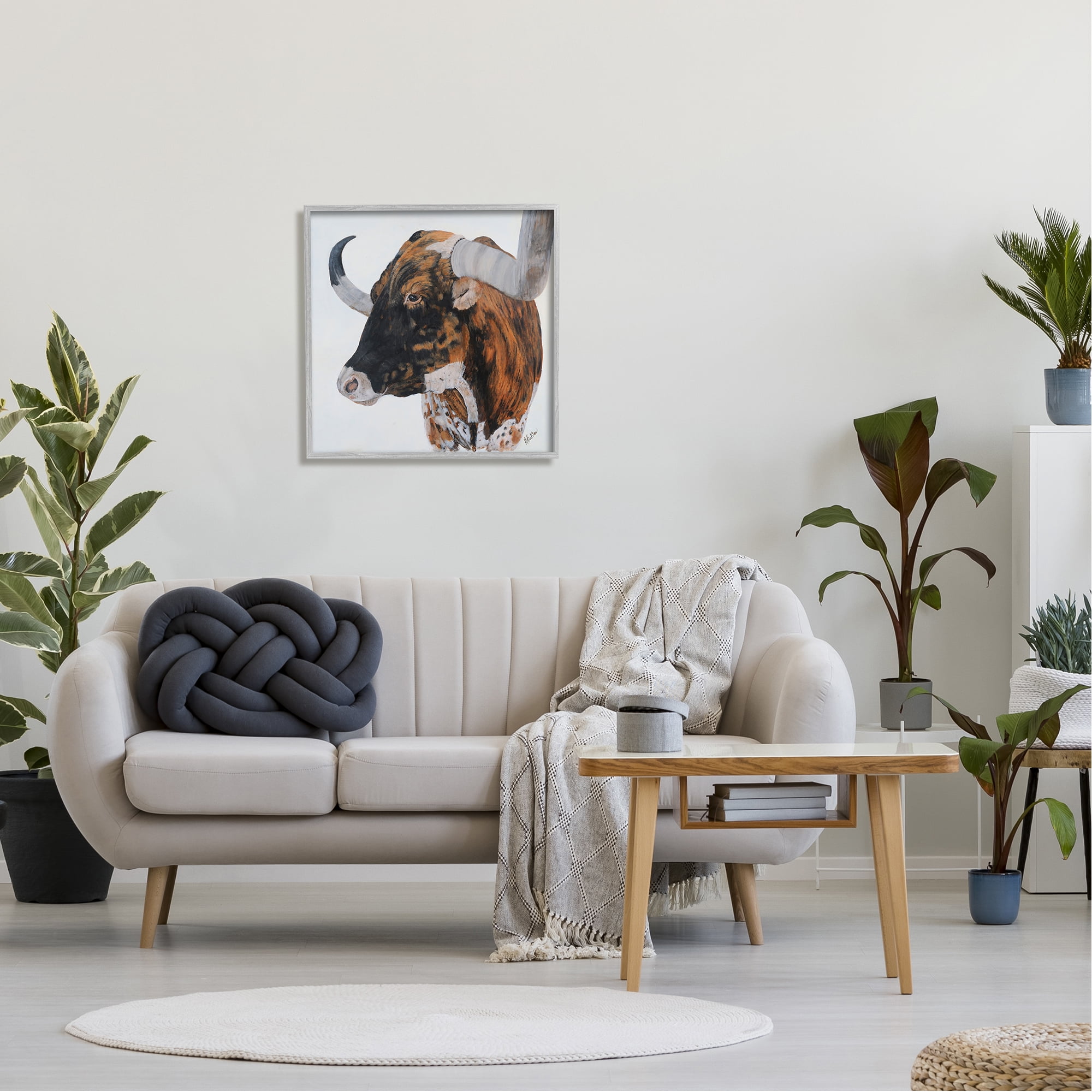 Stupell Longhorn Cattle Farmhouse Portrait Animals & Insects Painting Gray Framed Art Print Wall Art