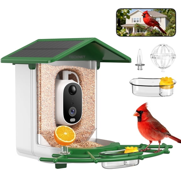 TECKNET BASICS Smart Bird Feeder with Camera, 2K UHD Video, AI Bird Species Identifier, Solar Powered Waterproof Birdhouse, Instant Bird Alerts, Gift for Bird Lovers, Green