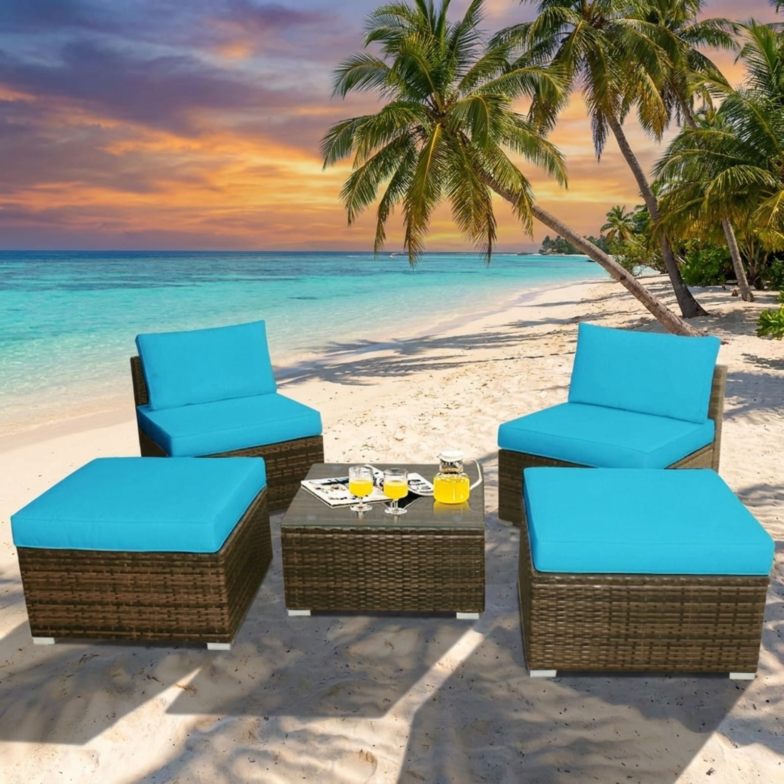 Furnibear 5 Piece Patio Furniture Set Outdoor Wicker Conversation Set with Cushioned Armless Sofas and Coffee Table for Garden Deck, Turquoise