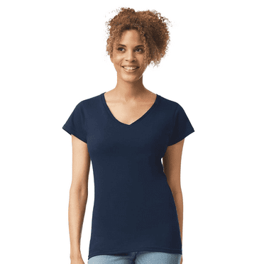 Gildan Women’s V-Neck Navy T-Shirt Single Pack Cotton Softstyle Short Sleeves Blank Tee Size - L