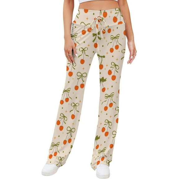 Top-kevin Cherry Bow Star Cartoon Women's Yoga Pants Wide Leg Loose Casual Straight Lace Up Pants Lounge Sweatpants