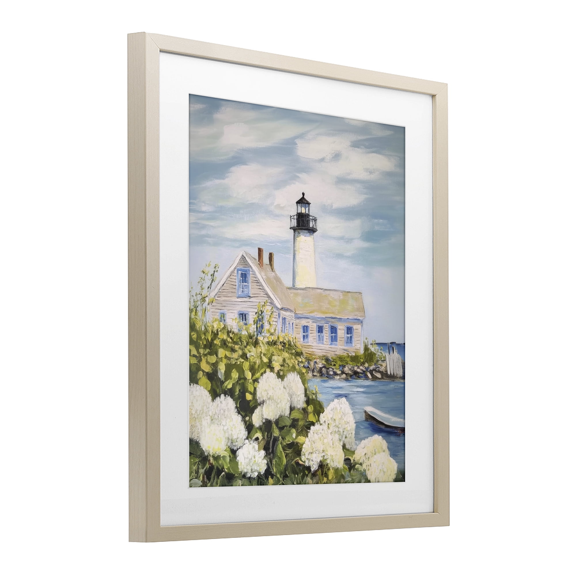 Stupell Industries Lighthouse Scenery with Hydrangeas Birch Framed Print Under Glass, design by Sisi and Seb