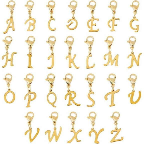 26Pcs 304 Stainless Steel Letter Pendant Charms Golden Letter A to Z Lobster Claw Clasps Charms Mini Alphabet Bracelet Necklace Pendants