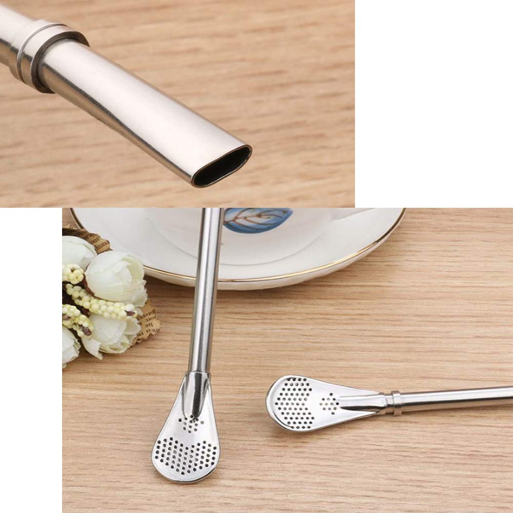 Stainless Steel Drinking Straws with Filter Spoon 6 Pcs Reusable Yerba Mate Tea Bombilla Drinking Straws with 2 Pcs Cleaning Brushes Set, 7.1inch/18CM Long - image 3 of 5