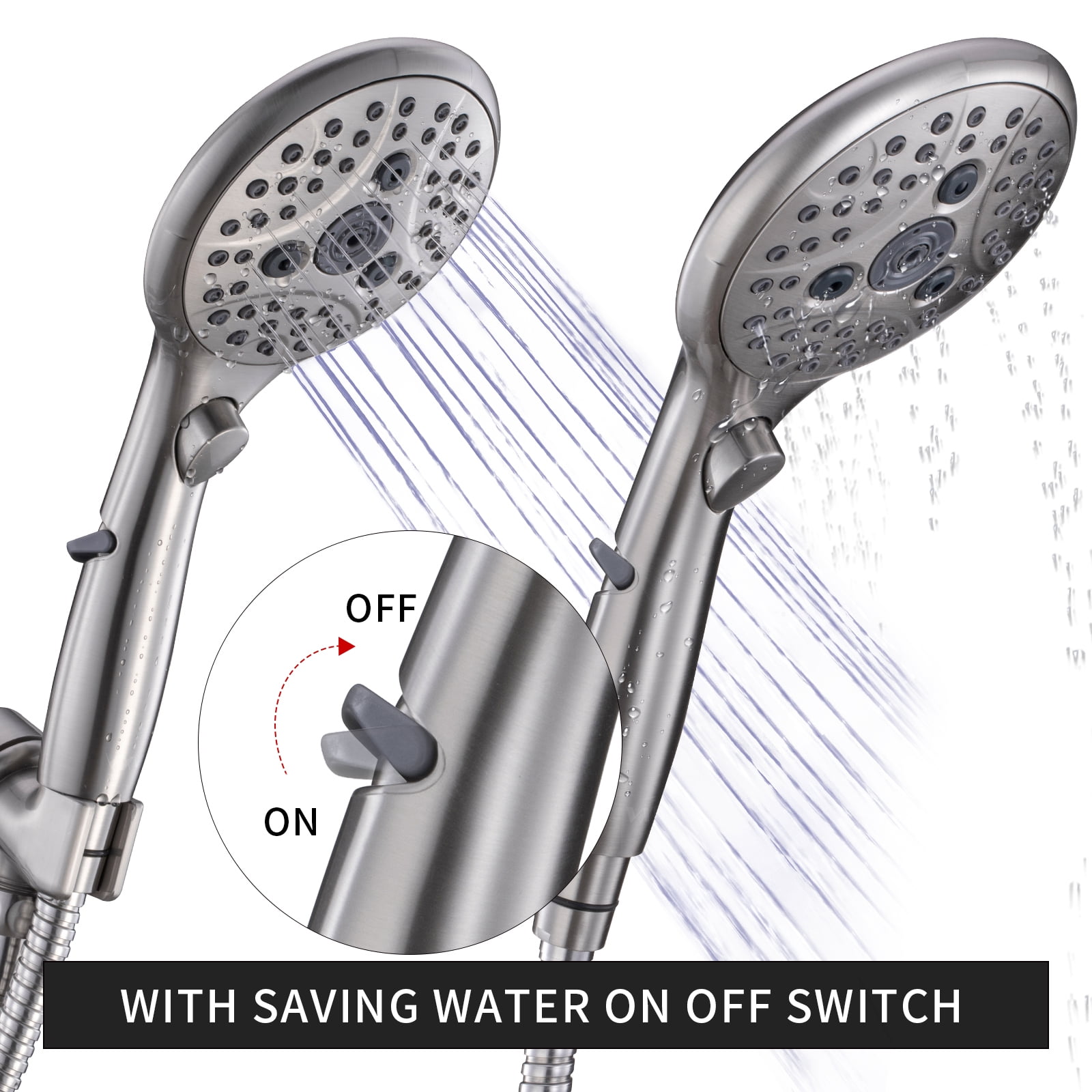 VXV Bathroom Handheld Shower Head with on off Switch, 6 Spray Setting Removable High Pressure Showerheads with 6 FT Stainless steel Hose and Adjustable Angle Bracket(Brushed Nickel)