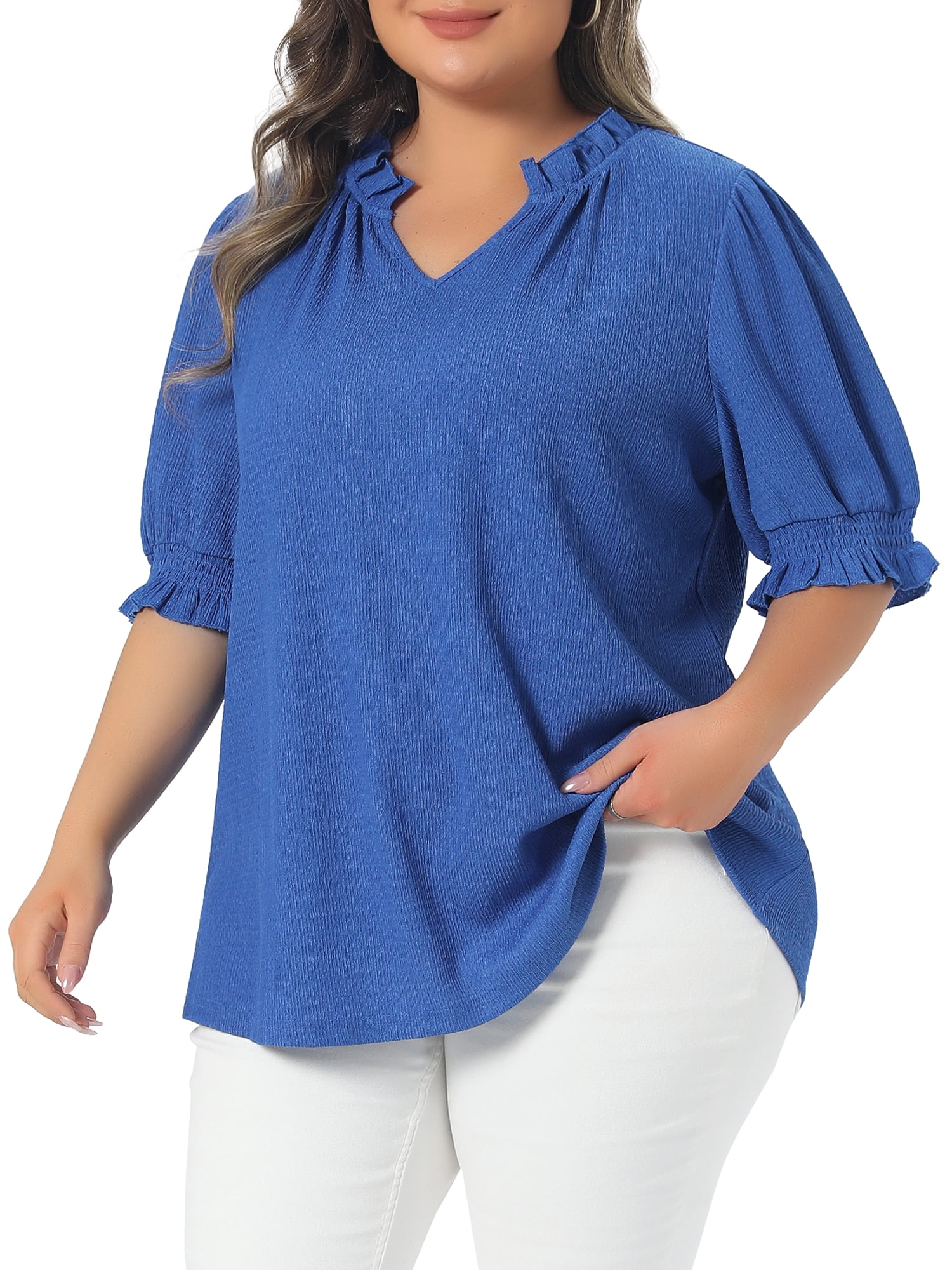 DARING DIVA Women's Plus Ruffled Trim V Neck Puff Sleeve Top 4X Royal Blue