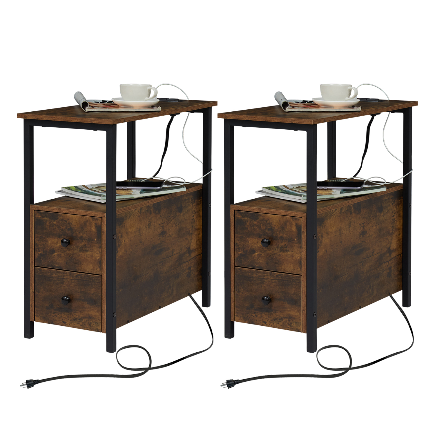 Kinbor Set of 2 End Tables with USB Ports, Sofa Side Tables, Rustic