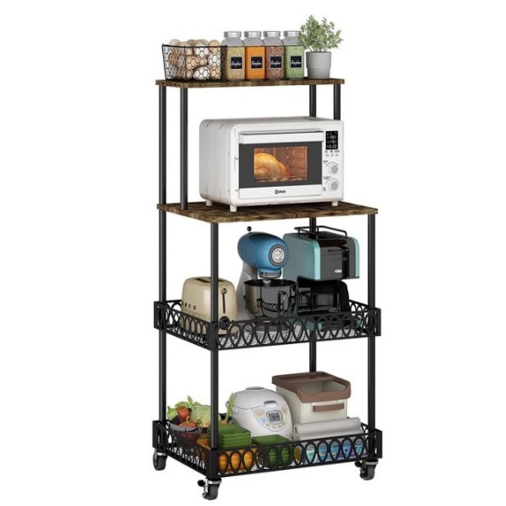 Kadyn 4-Tier Baker's Rack for Microwave Kitchen, Kitchen Storage Rack with Rollers, Steel Shelves for Home, Black Kadyn 4-Tier Baker's Rack for Microwave Kitchen, Kitchen Storage Rack with Rollers, Steel Shelves for Home, Black
