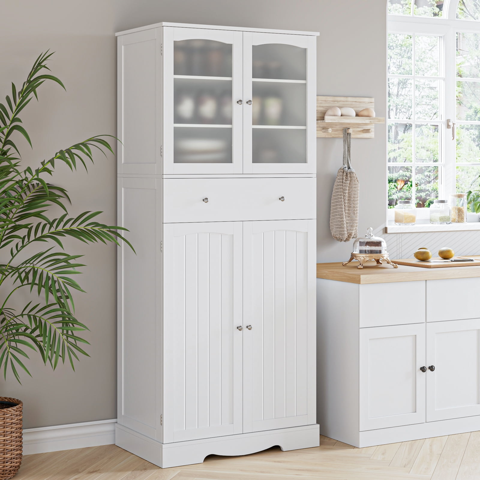 Homfa 70.8'' Kitchen Pantry with 4 Doors, Freestanding Storage Cabinet with Large Drawer for Dining Room, White