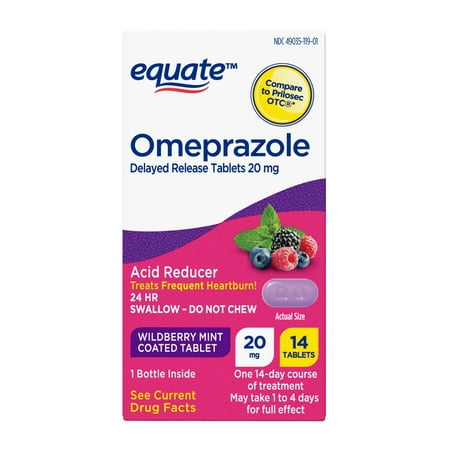 Equate Omeprazole Tablets 20 mg Wildberry Mint, Acid Reducer, 14 Count