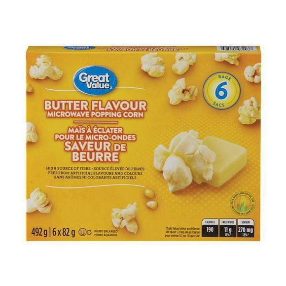Great Value Butter Flavour Microwave Popping Corn, 492 g (6 bags x 82 g)