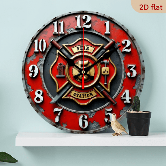 A 10-inch 2D flat "Fire Station" themed wooden silent wall clock. It is an excellent choice for Halloween/Easter/Christmas gifts and is suitable for modern home decoration art.