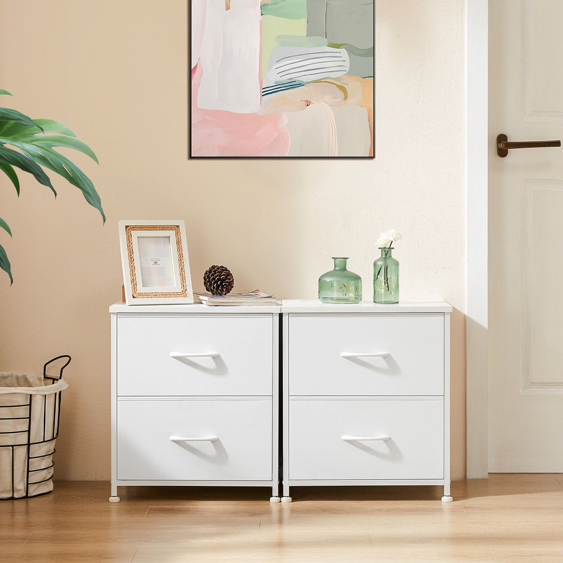 CONCETTA 2-Piece Fabric Dresser Set with Adjustable Feet, 20 inch Rust Nightstand & Drawers for Adult Bedroom, White