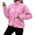 thumbnail image 2 of Womens Fleece Jacket Fuzzy Long Sleeve Short Winter Coats Button Down Jacket Outerwear with Pockets Pink L, 2 of 6