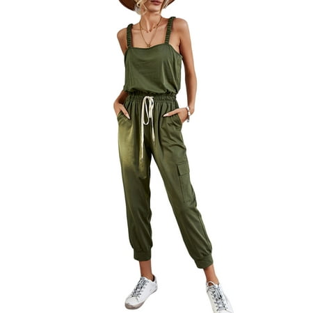 

Asashitenel Women Casual Pockets Jumpsuit Overalls Solid Color Sleeveless Overalls with Drawstring Design Bodysuits Streetwear