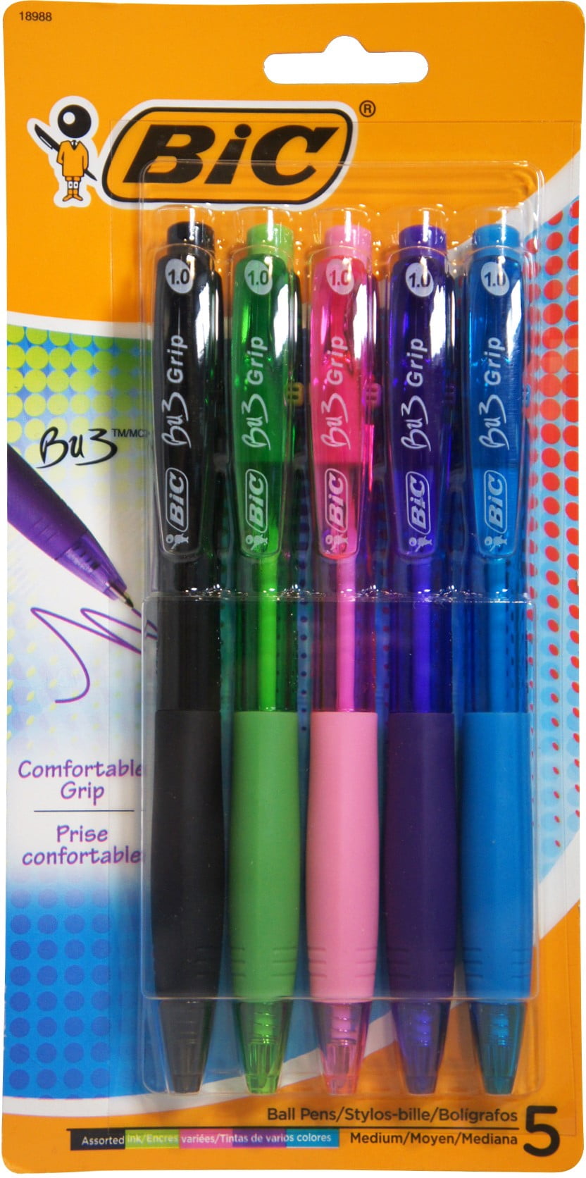 Bic BU3 Comfort Grip Retractable Ballpoint Pens, Assorted 5 Ea (Pack of 4)