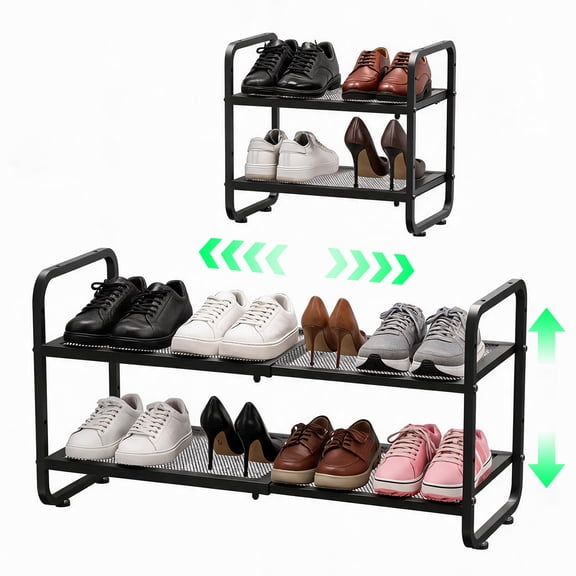 Behome 2-Tier Expandable Shoe Rack, Metal Shoe Shelf Storage, Adjustable Shoes Organizer for Closet, Entryway, Hallway, Garage, Front Door