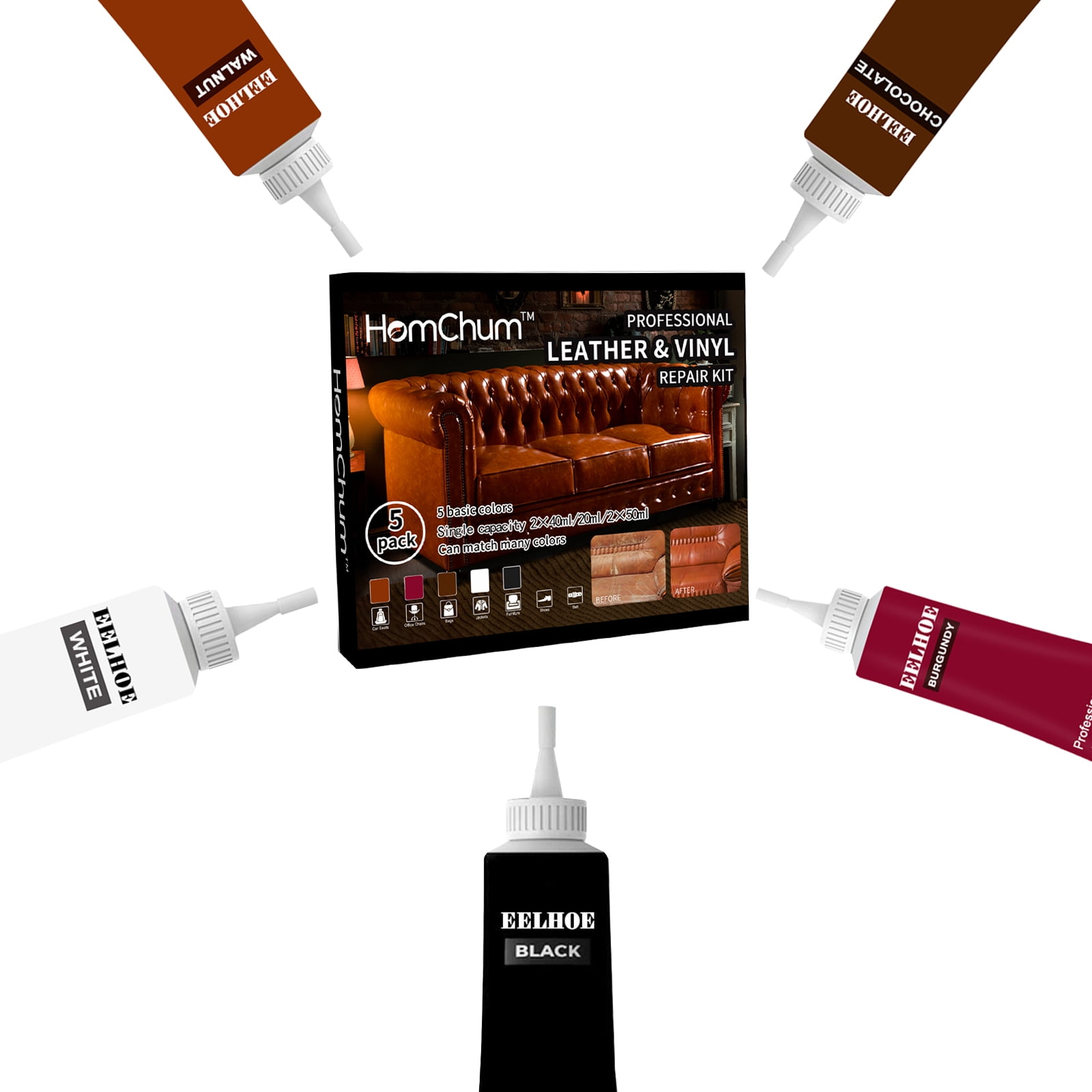 HomChum Leather Repair Kit, 5 Colors Vinyl Repair Kit for Furniture