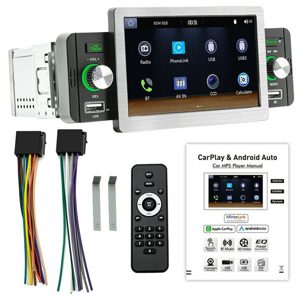 Jugador de coche Reproductor de MP5 estéreo para automóvil de 5 pulgadas Receptor de radio FM de DIN único BT RDS con Carplay inalámbrico Soporte automático de Android Llamadas manos libres Carga USB