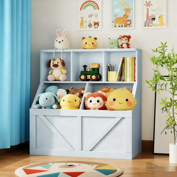 AOILE Kids Bookshelf and T oy Storage Organizer, Toddler T oy Storage Cabinet with Bins and Shelves for Playroom, Bedroom, Nursery