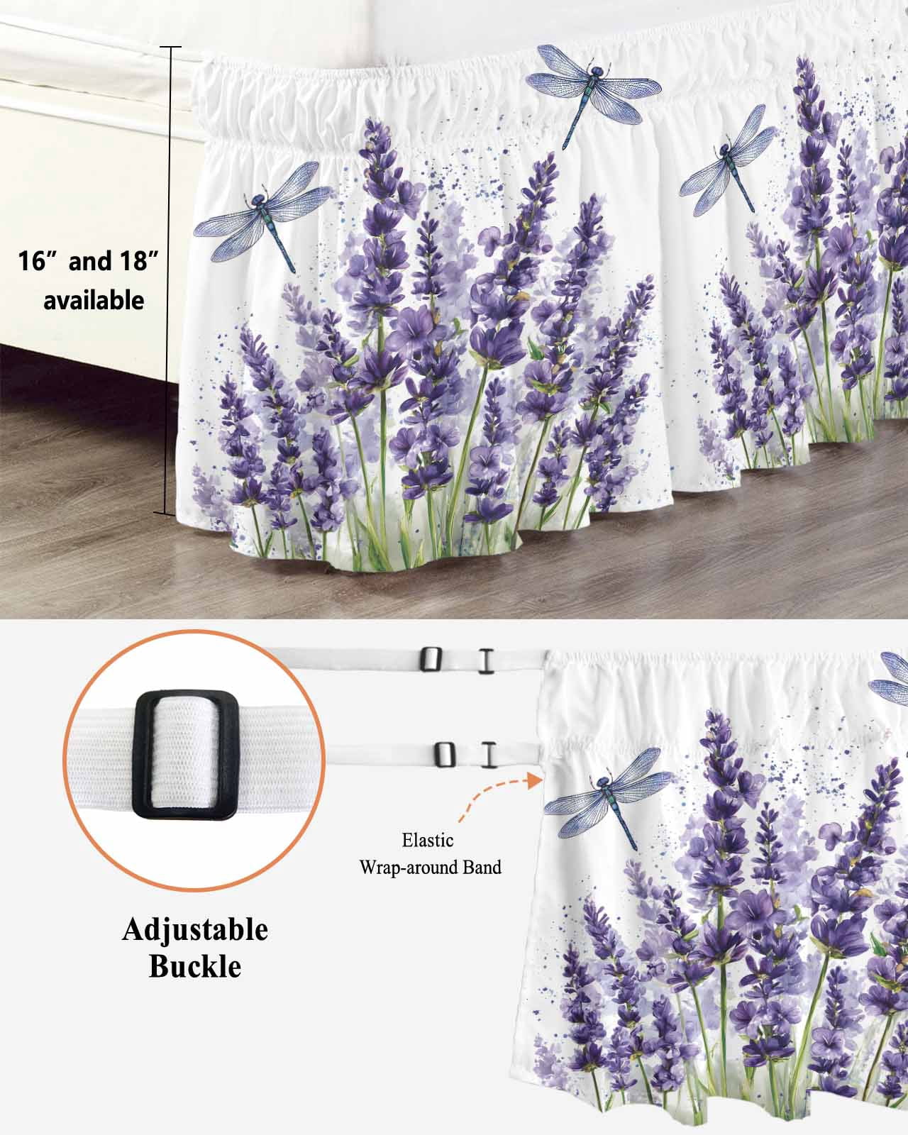 Purple Lavender Wrap Around Bed Skirts for Queen Bed 16" Drop,Bed Skirt with Adjustable Elastic Belt Dust Ruffle Bed Valance for Bedroom Hotel Pastoral Botanical Floral Dragonfly Bed Frame Cover