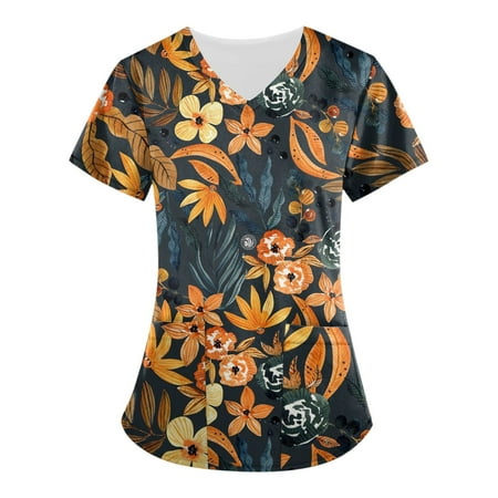 

EKOUSN Women Scrubs Top V-Neck Print