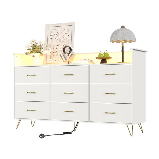 Yiwa Commode à 9 Tiroirs avec DEL, Armoire de Rangement Moderne Haute en Bois avec Lumières RVB Contrôlées par Application et Station de Recharge Intégrée (3 Prises/2 USB) pour Chambre, Garde-Robe, Salon