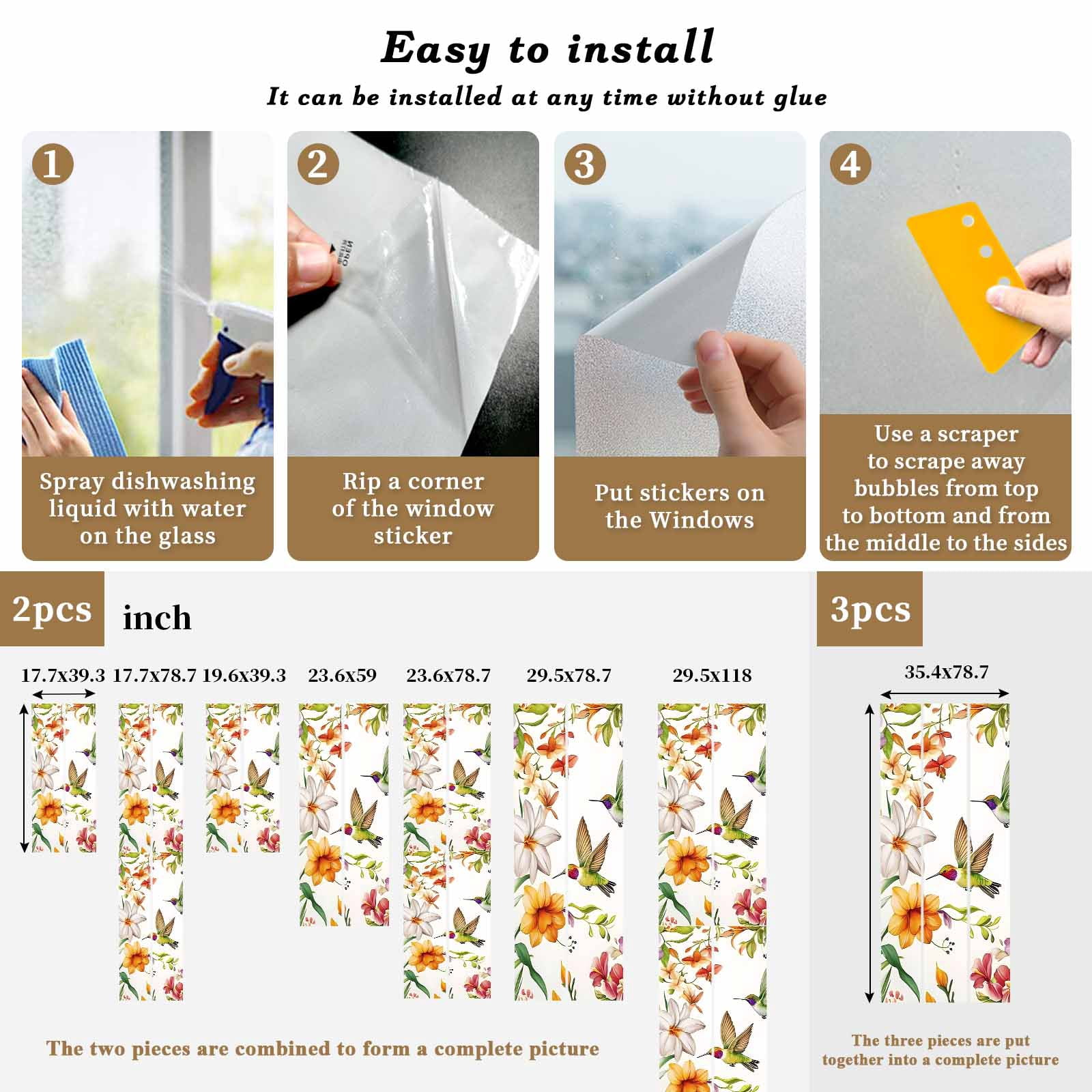 No Glue Heat Blocking Window Flims, Spring Floral Hummingbird Window Privacy Film Frosted, Pastoral Rustic Botanical Flowers Peep-proof Door Windows Tint for Bathroom, Dormitory, 17.7 x 78.7 Inches