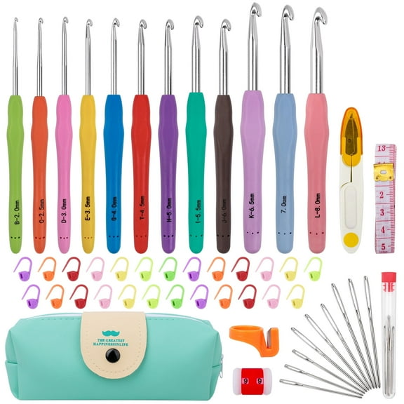 12 Sizes Crochet Hooks Set, 51 Pack Yarn Crochet Kit for Beginners, Knitting Needles with Soft Silicone Ergonomic Handles for Arthritic Hands, Crochet Needle Kit with Blue Case for Crocheters