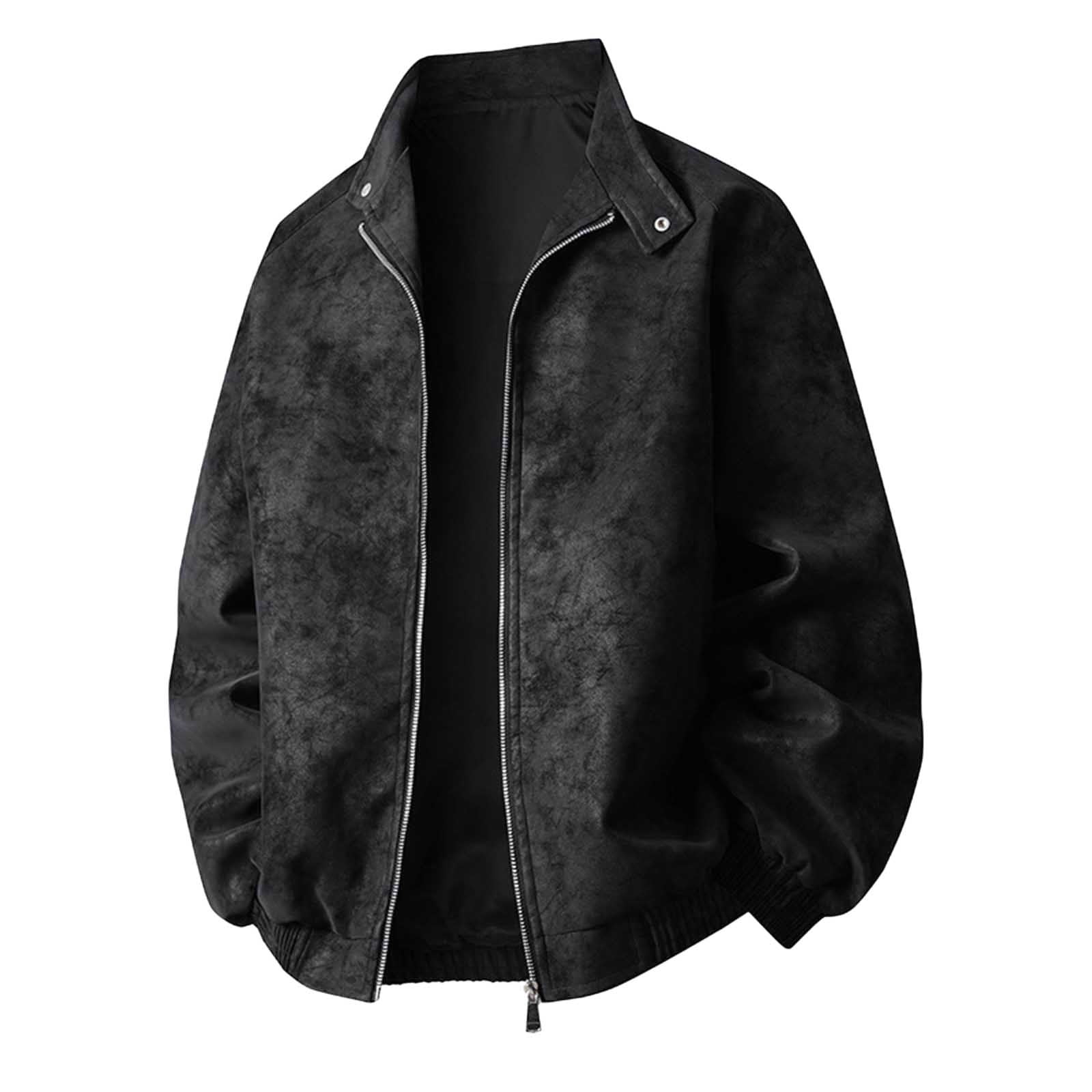 Kakii Men's Suede Bomber Jacket Oversized Retro Streetwear Zip Up Faux Leather Coat with Turn Down Collar