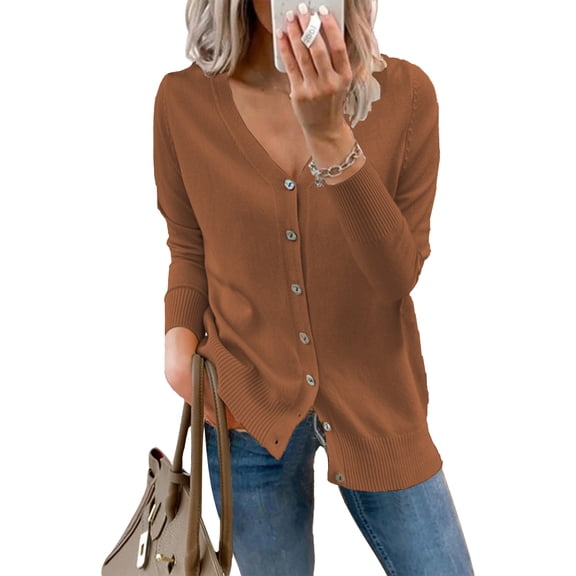 Knitted Cardigan Single Row Button V Neck Ribbed Cuffs Long Sleeves Loose Comfortable Pure Color Women Sweater Brown M