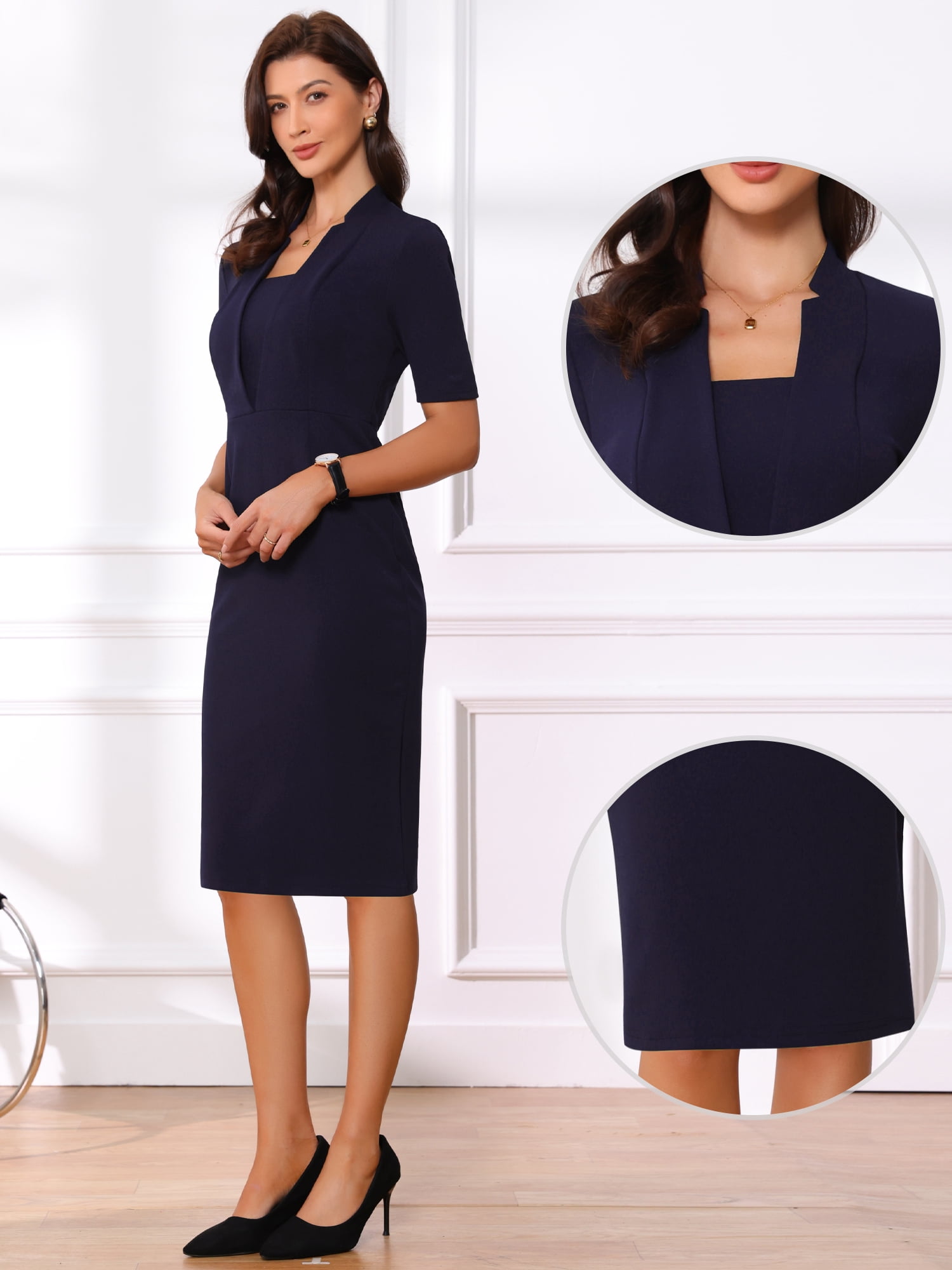 DARING DIVA Women's Short Sleeve Business Office Pencil Dress M Dark Blue