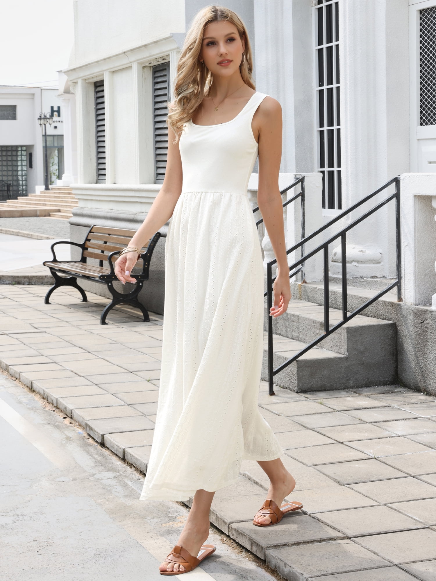 DARING DIVA Women's Square Neck Sleeveless Casual Beach Flare Maxi Dress M White