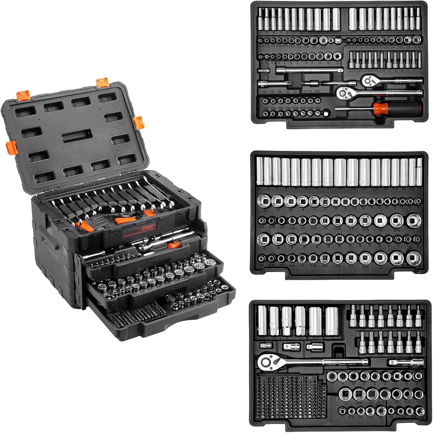 SYNYLIIFE Mechanics Tool Set and Socket Set, 1/4" 3/8" 1/2" Drive Deep and Standard Sockets, 450 Pcs SAE and Metric Mechanic Tool Kit with Bits, Combination Wrench, Hex Wrenches, Storage Case