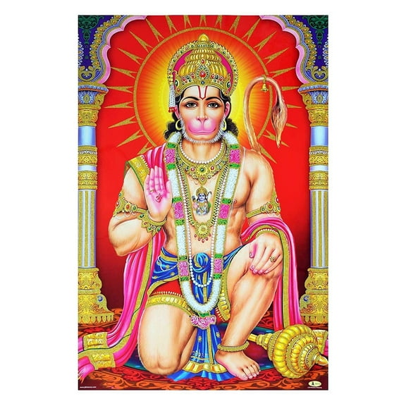 Bm Traders Hanumanji Ashirwad Golden Zari Art Work Poster Without Frame (24 X 36 Inches)