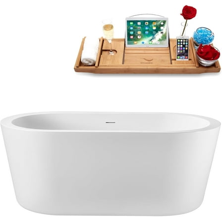 59" Streamline G-63-262-BBR Soaking Glossy White Freestanding Tub and Tray With Internal Drain in Brushed Brass
