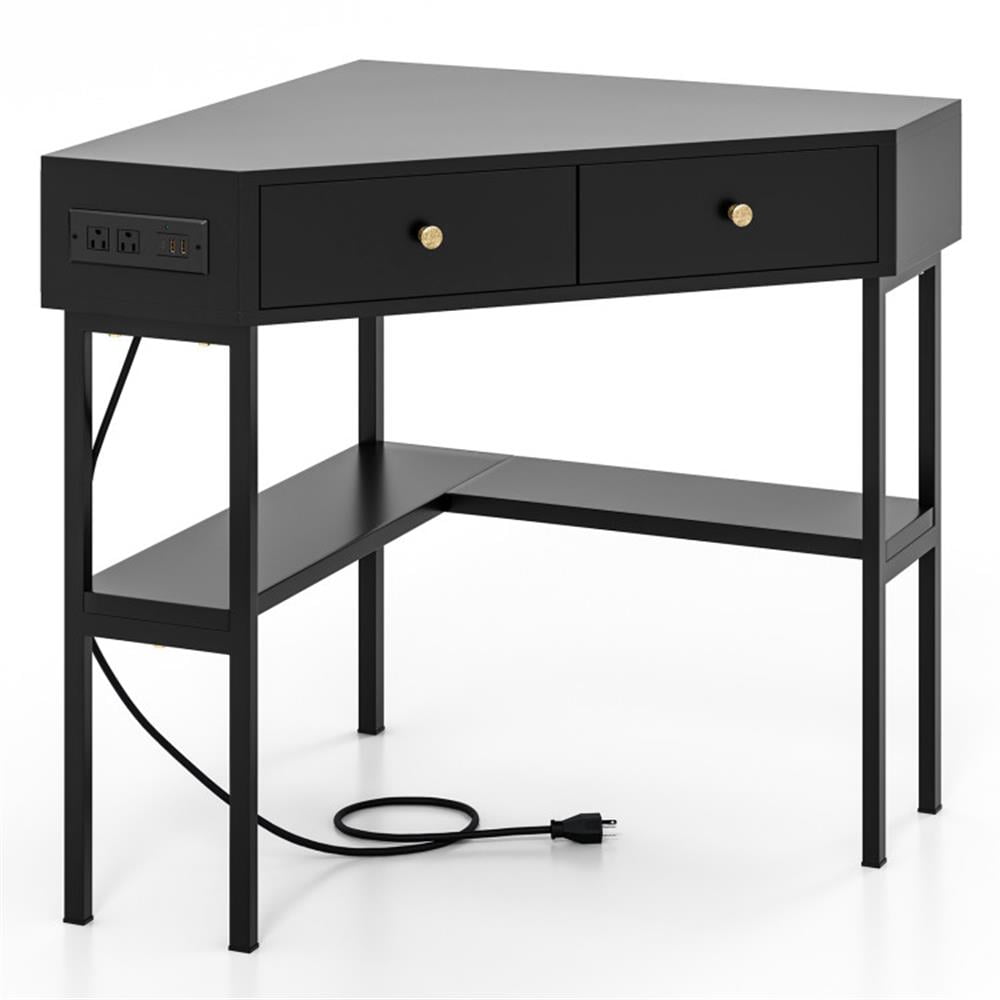 Demi Bonn Triangle Corner Desk with Charging Station with 2 Drawers and Storage Shelf, Small Home Office Desk Study Writing Table, Black