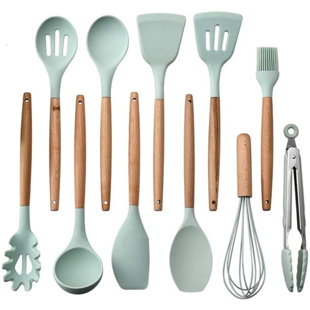 To encounter Non Toxic 11pcs Silicone Cooking Kitchen Utensils Set Wooden Handles Cooking Tool Nonstick Spoons Tongs Turner Spatula Set 