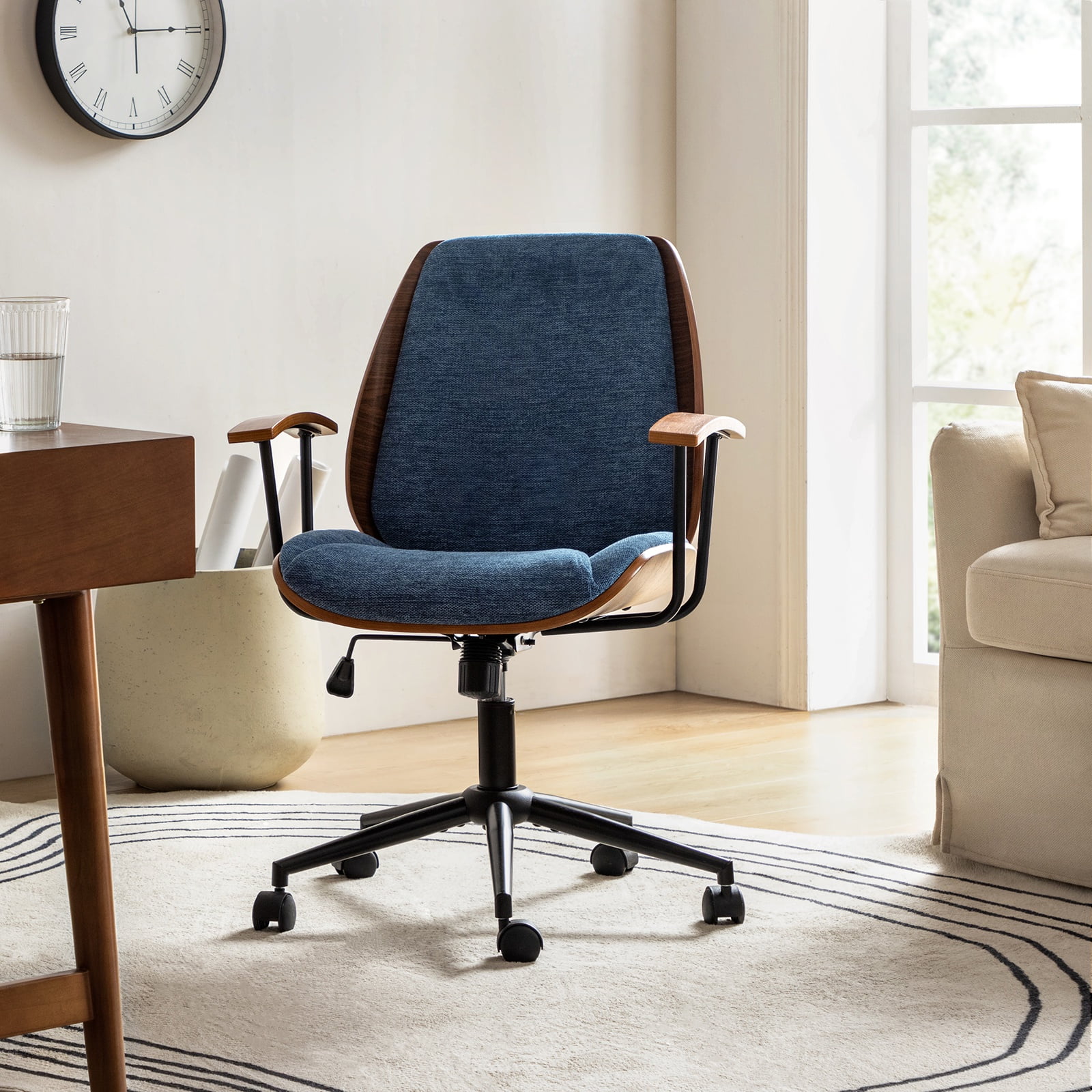 Ergonomic Adjustable Swivel Office Chair with Solid Wood Backrest and Premium Comfort Navy Cushion for Home Workplace