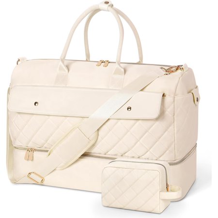 Travel Duffel Bag Large Weekender Bag for Women with Shoe Compartment Carry on Overnight Bag with Toiletry Makeup Bag Gym Duffel Bag Travel Tote Bag for Travel Gym Camping Beige