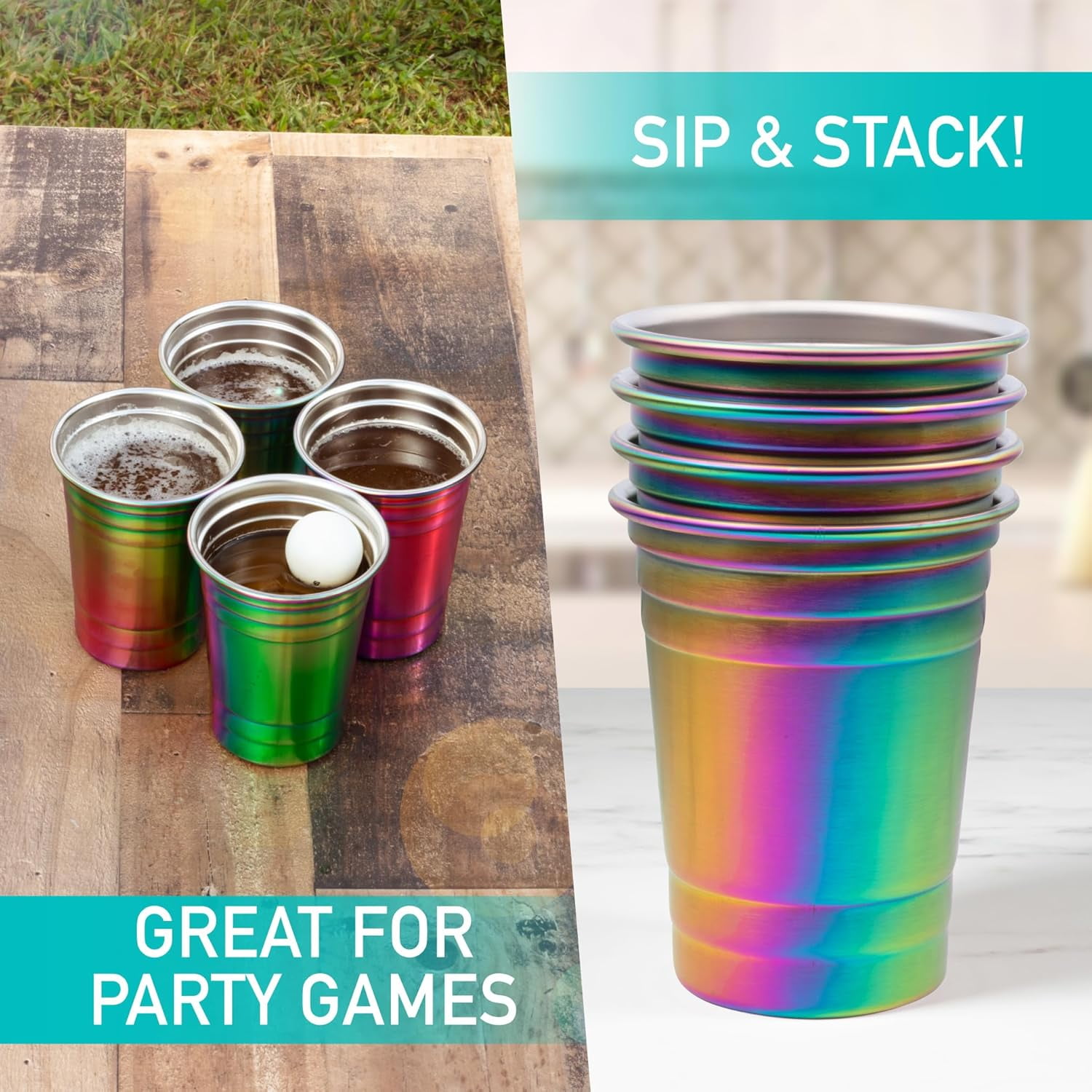 D'Eco Unbreakable Holographic Stainless Steel Party Cups (16 oz, 4 Pack) Shatterproof Reusable Drinking Glasses for Games-Indoor Outdoor Drinkware -Great for Entertaining, College, Parties, Birthdays